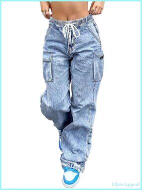 Wide Leg High Waisted Cargo Jeans with Pockets